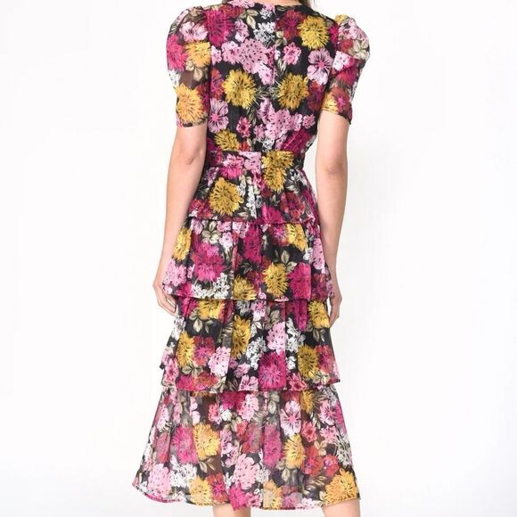New ADELYN RAE Eliza Floral Print Puff Sleeve Tiered Midi Dress In Pink Sz S - Picture 3 of 8